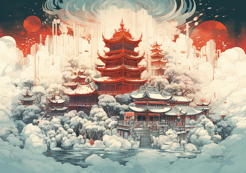 中国风唯美国潮古典建筑楼阁大雪插画,插画/手绘图,插画/手绘图库,插画/手绘图下载,插画/手绘